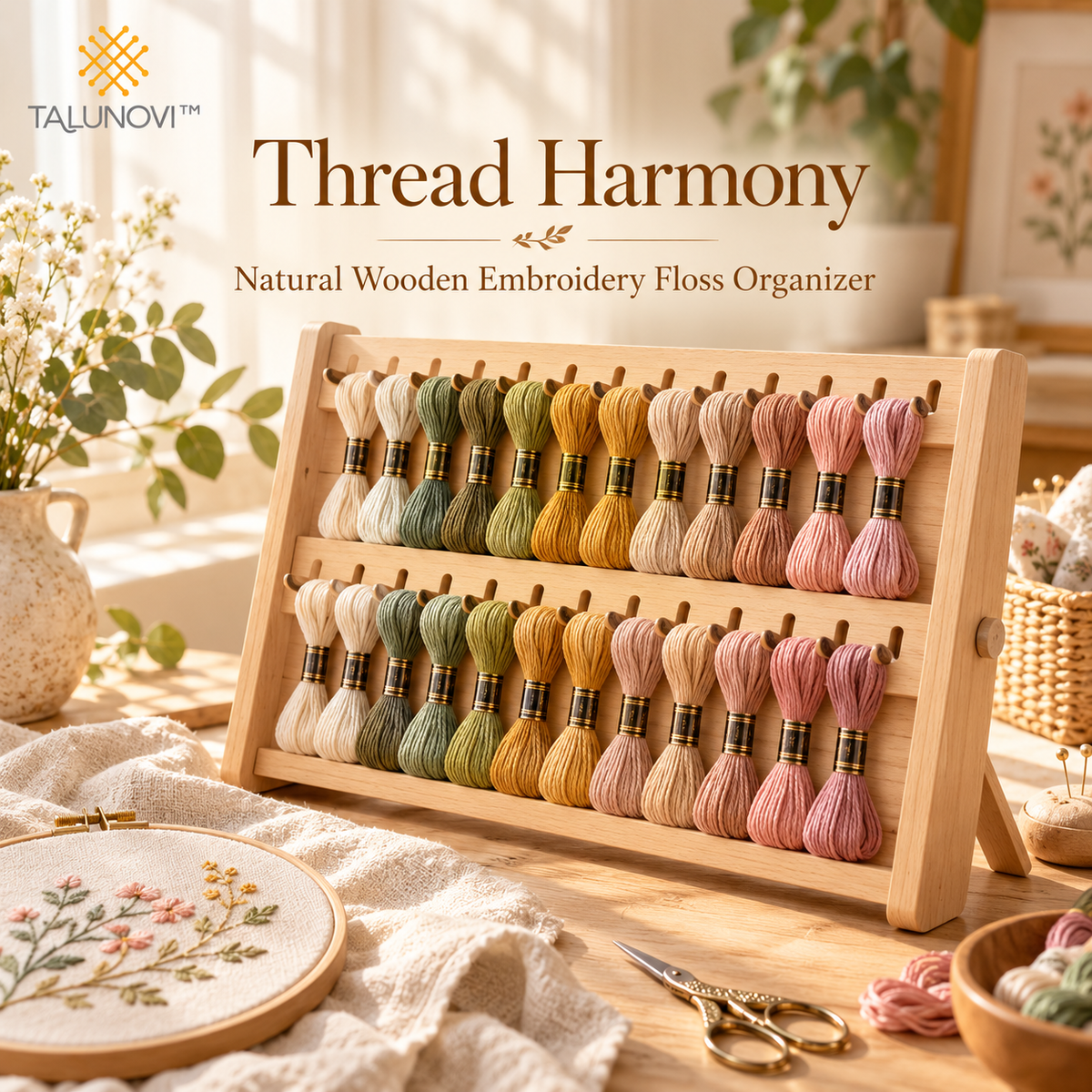 Talunovi™ Thread Harmony – Natural Wooden Embroidery Floss Organizer, Minimalist Thread Storage Holder for Cross Stitch & Hand Sewing Projects