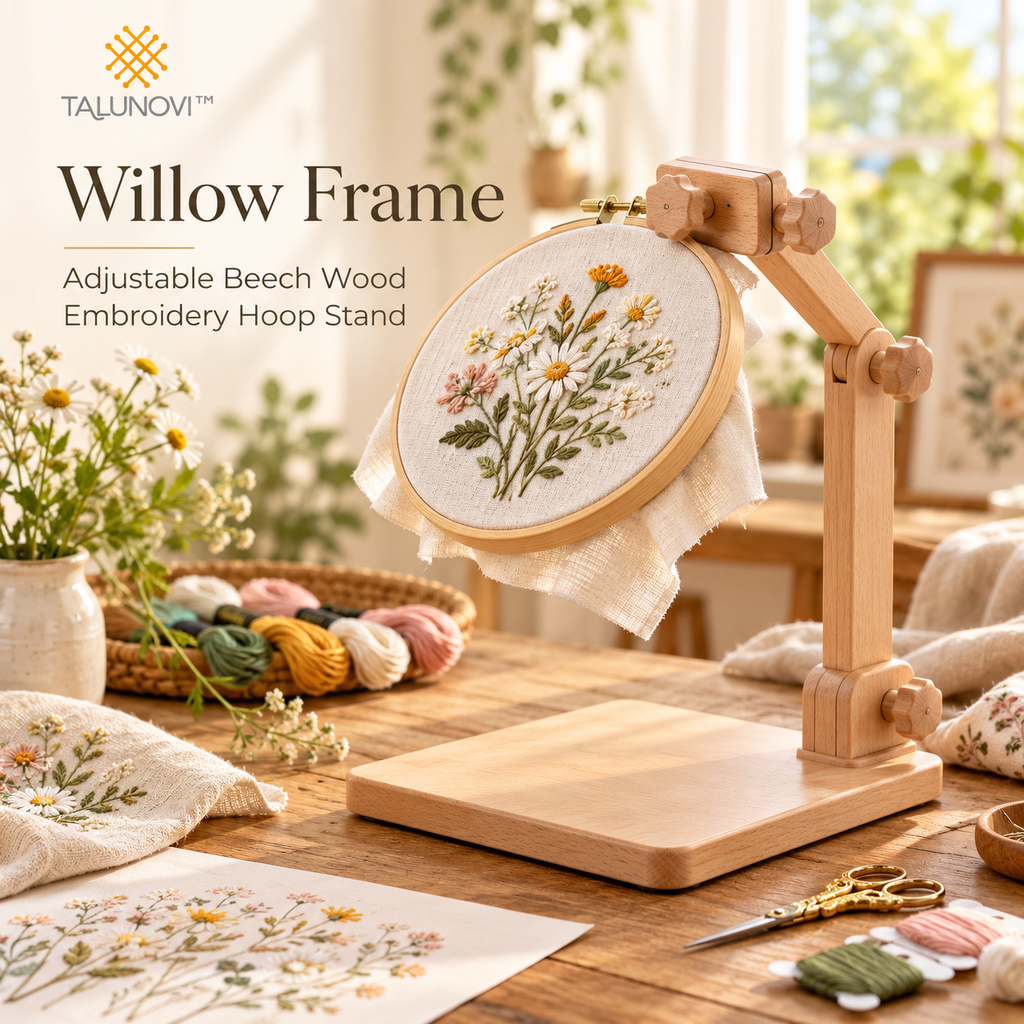 Talunovi™ Willow Frame – Adjustable Beech Wood Embroidery Hoop Stand, Hands-Free Wooden Needlework Holder for Cross Stitch & Hand Embroidery
