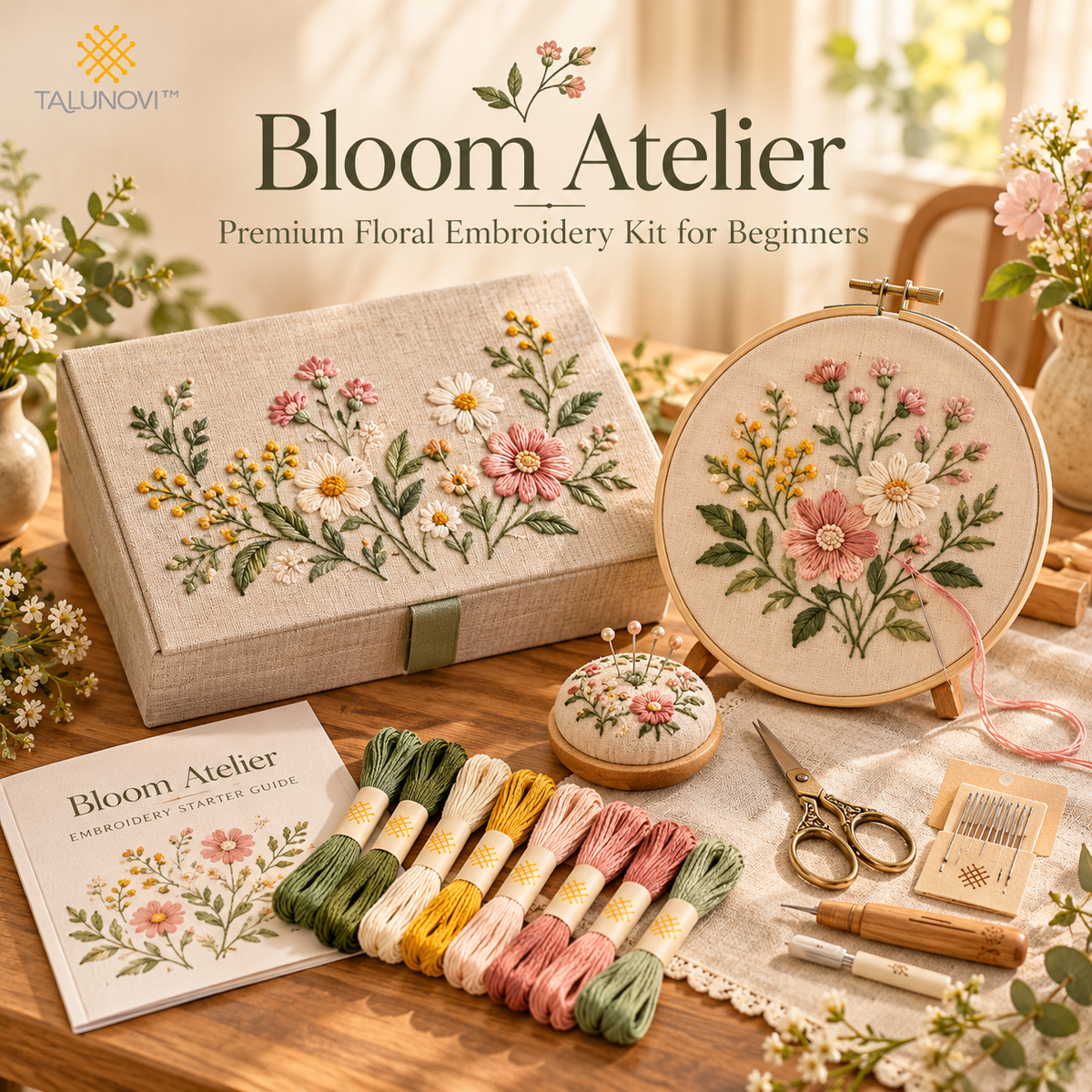 Talunovi™ Bloom Atelier – Premium Floral Embroidery Kit for Beginners, Modern Botanical Hand Stitching Set with Embroidery Hoop & Threads