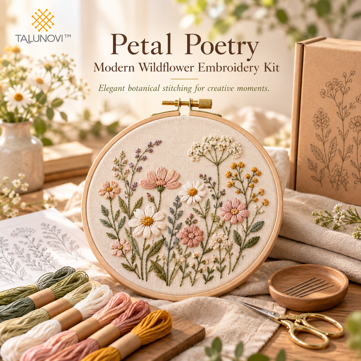 Talunovi™ Petal Poetry – Modern Wildflower Embroidery Kit, Elegant DIY Botanical Needlework Set with Pre-Printed Fabric for Adults