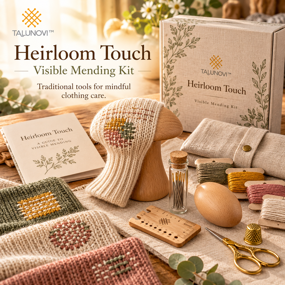 Talunovi™ Heirloom Touch – Premium Wooden Darning Mushroom & Visible Mending Kit, Traditional Hand Repair Tools for Knitwear & Clothing Care