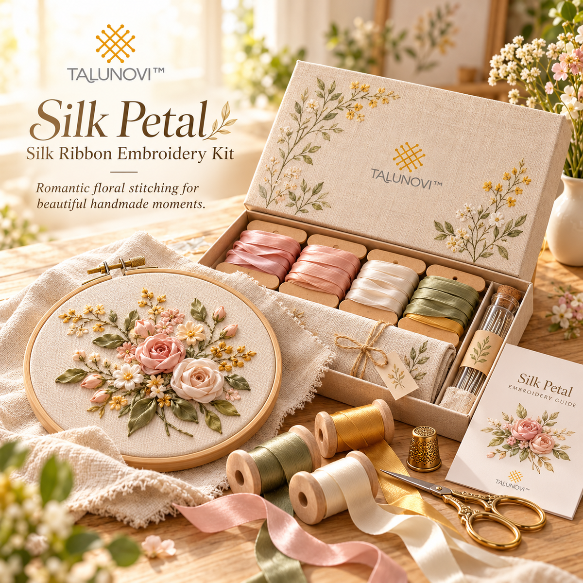 Talunovi™ Silk Petal – Elegant Silk Ribbon Embroidery Kit, Romantic Floral Needlework Craft Set for Decorative Hand Stitching & Textile Art