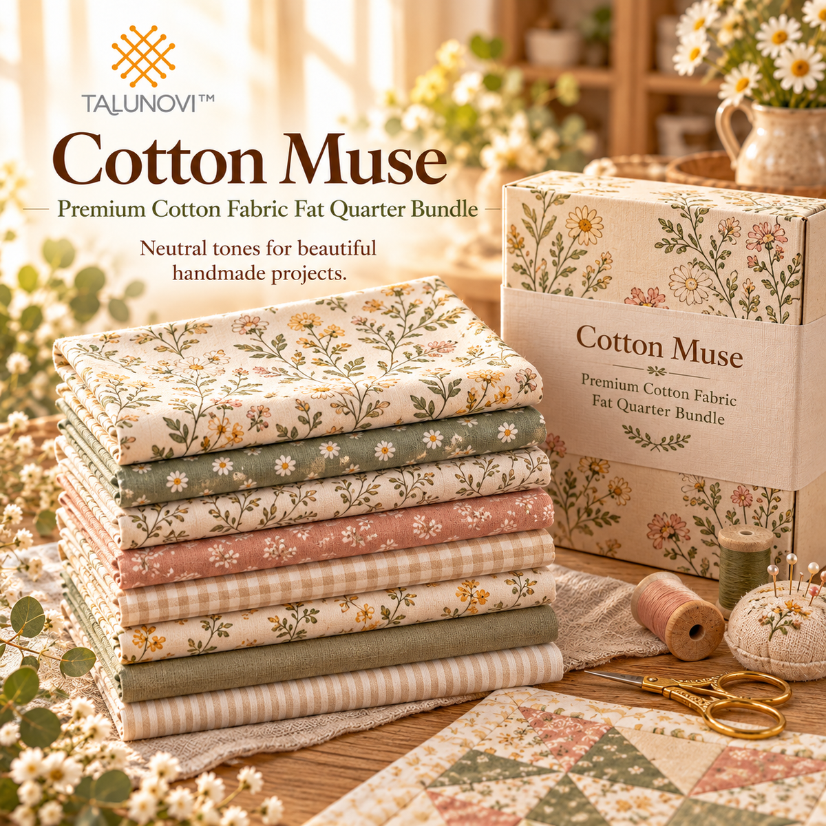 Talunovi™ Cotton Muse – Premium Cotton Fabric Fat Quarter Bundle, Neutral-Tone Quilting & Patchwork Fabric Set for Handmade Sewing Projects