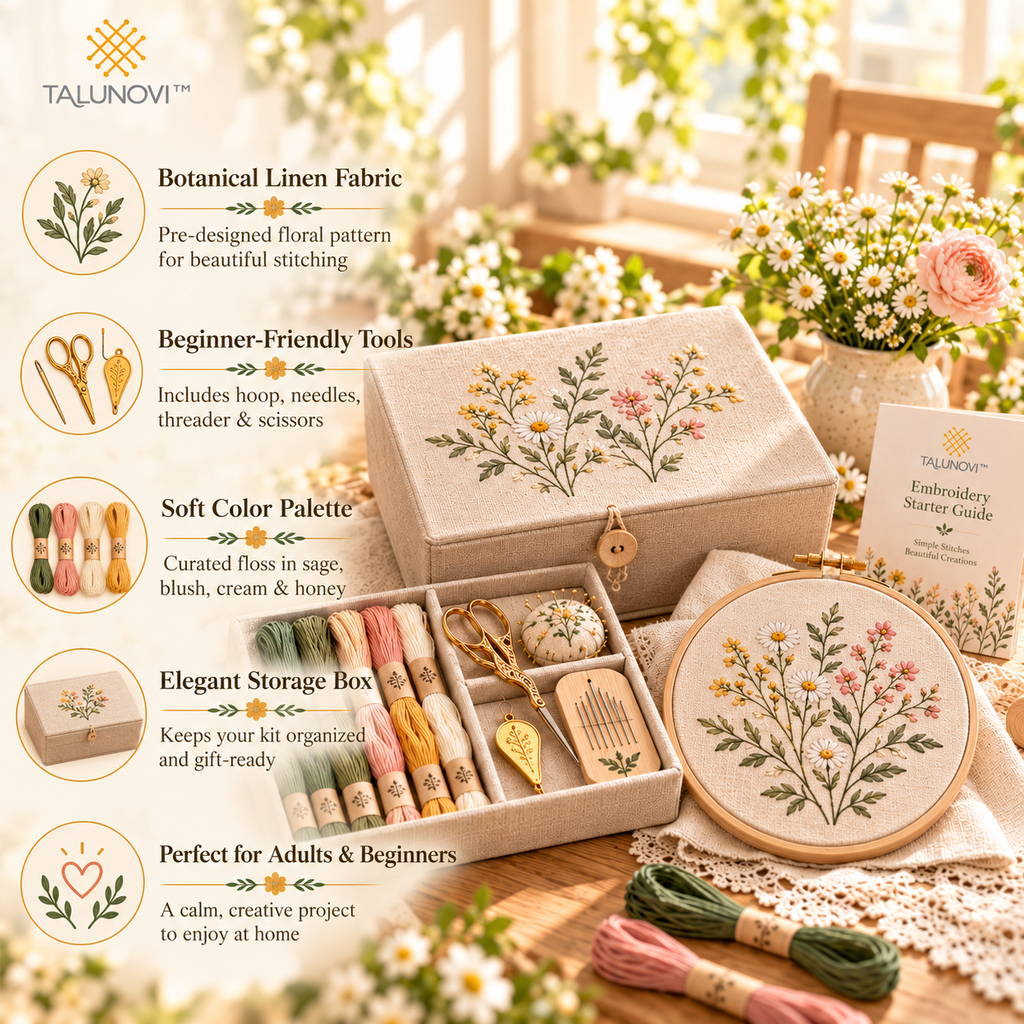 Talunovi™ Linen Whisper – Elegant Linen Embroidery Starter Kit, Minimalist Hand Needlework Craft Set for Adults & Creative Beginners