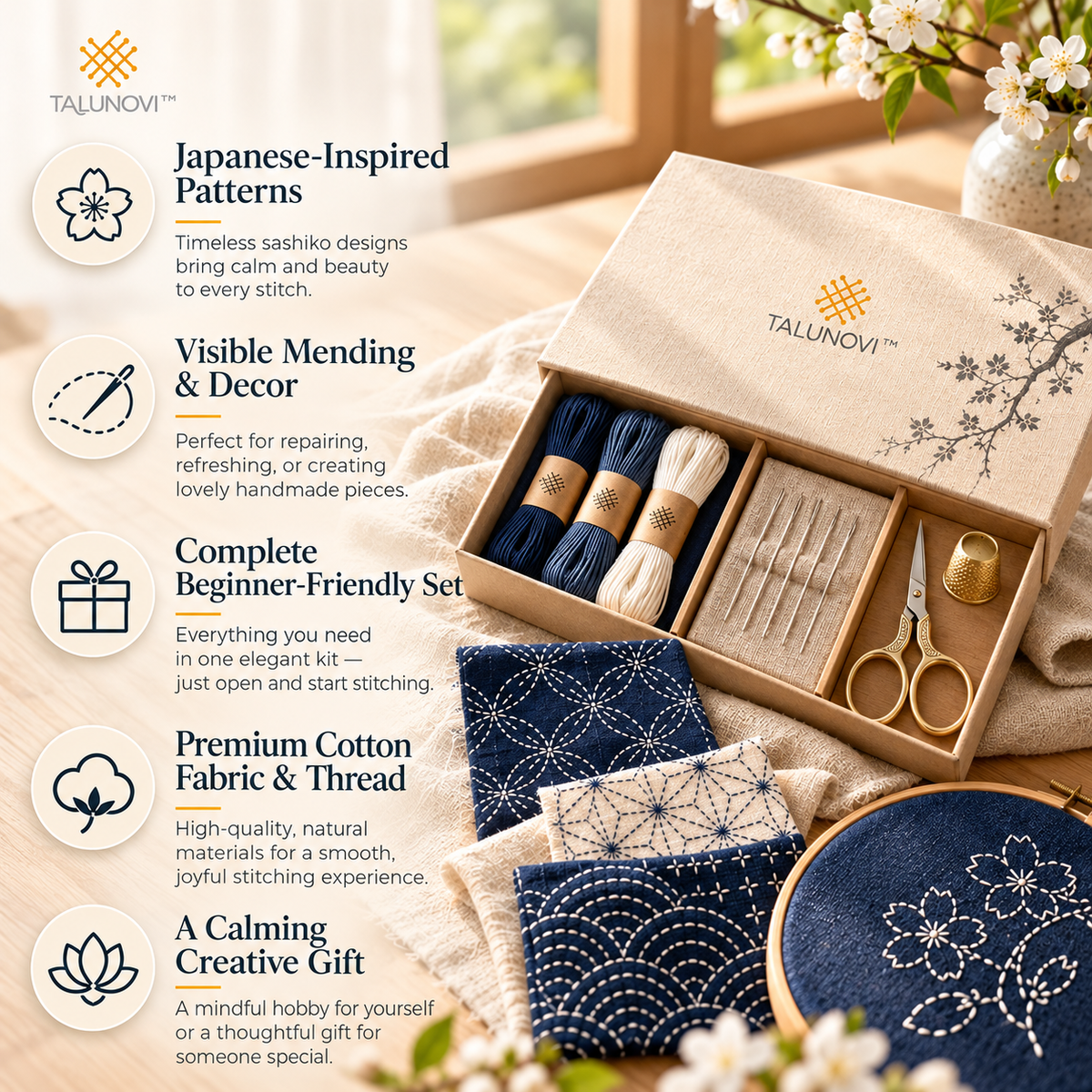 Talunovi™ Quiet Garden – Japanese-Inspired Sashiko Embroidery Kit, Minimalist Visible Mending & Decorative Running Stitch Craft Set for Adults