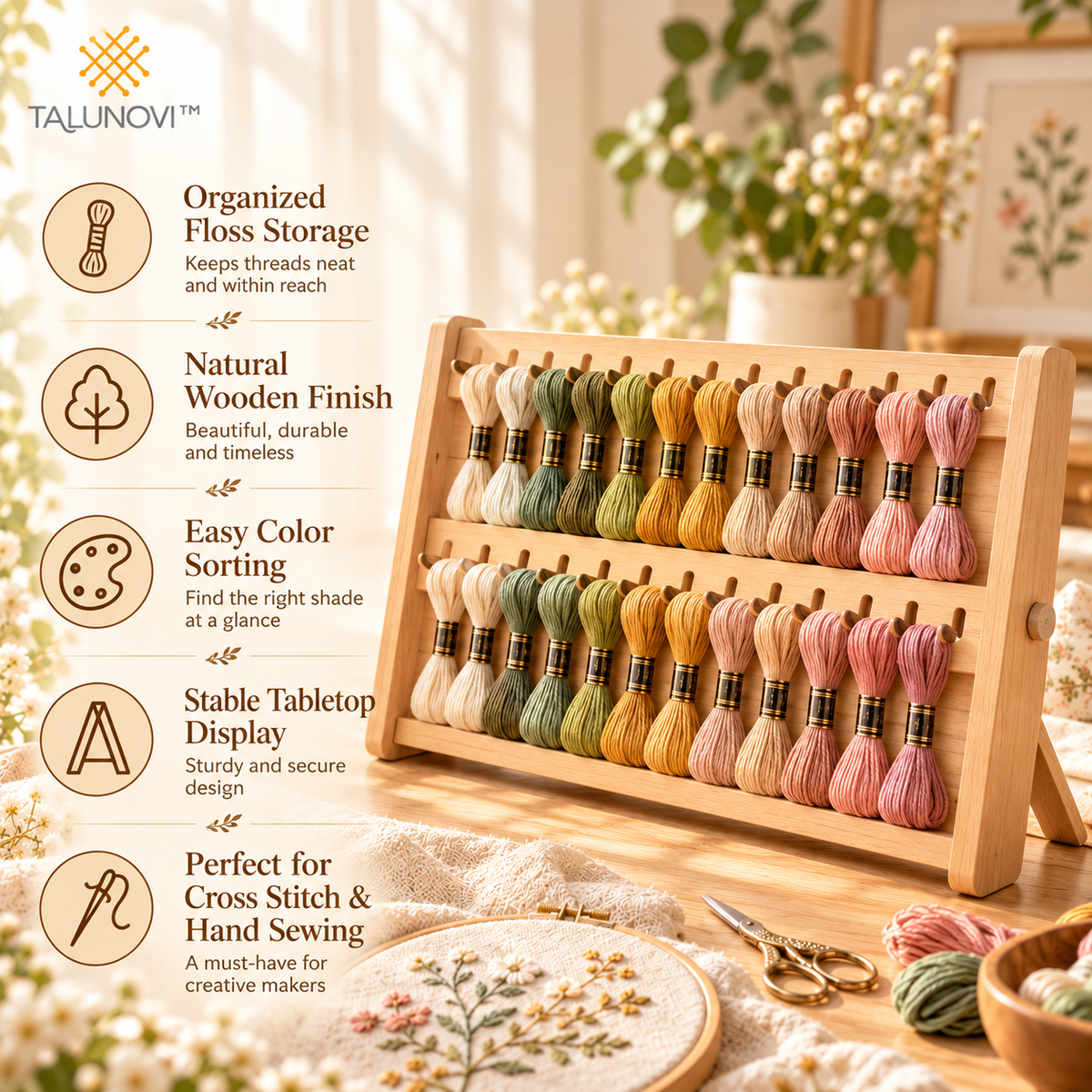 Talunovi™ Thread Harmony – Natural Wooden Embroidery Floss Organizer, Minimalist Thread Storage Holder for Cross Stitch & Hand Sewing Projects