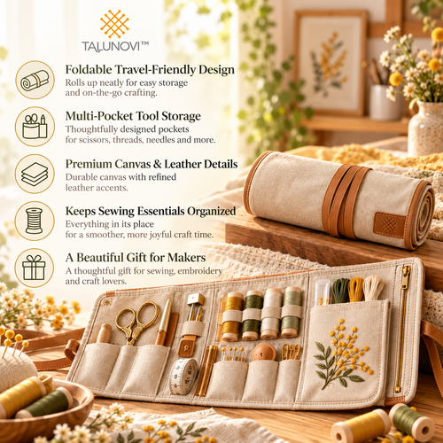 Talunovi™ Artisan Roll – Premium Canvas Sewing Tool Organizer, Foldable Needlework Storage Roll for Embroidery Scissors, Thread & Craft Accessories