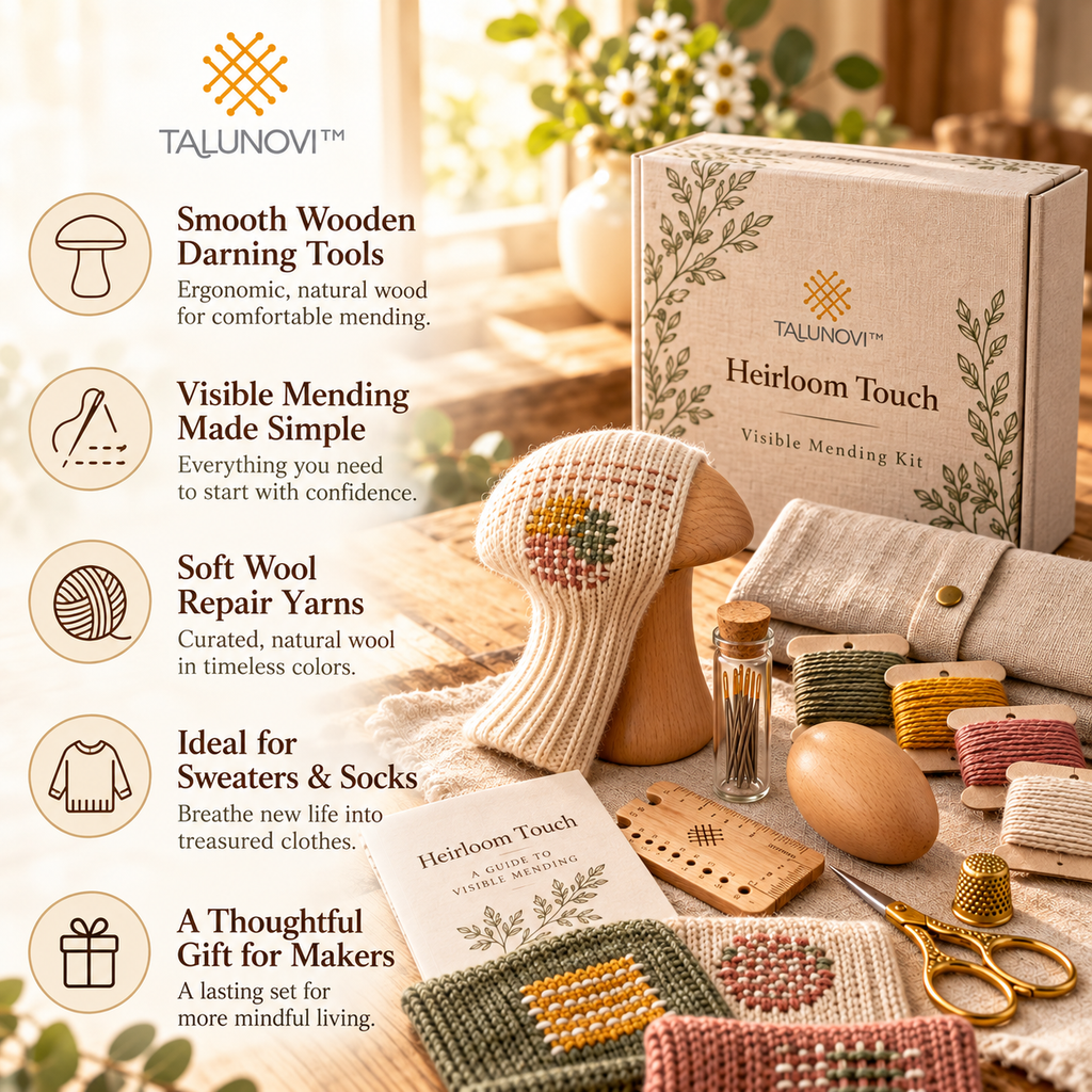 Talunovi™ Heirloom Touch – Premium Wooden Darning Mushroom & Visible Mending Kit, Traditional Hand Repair Tools for Knitwear & Clothing Care