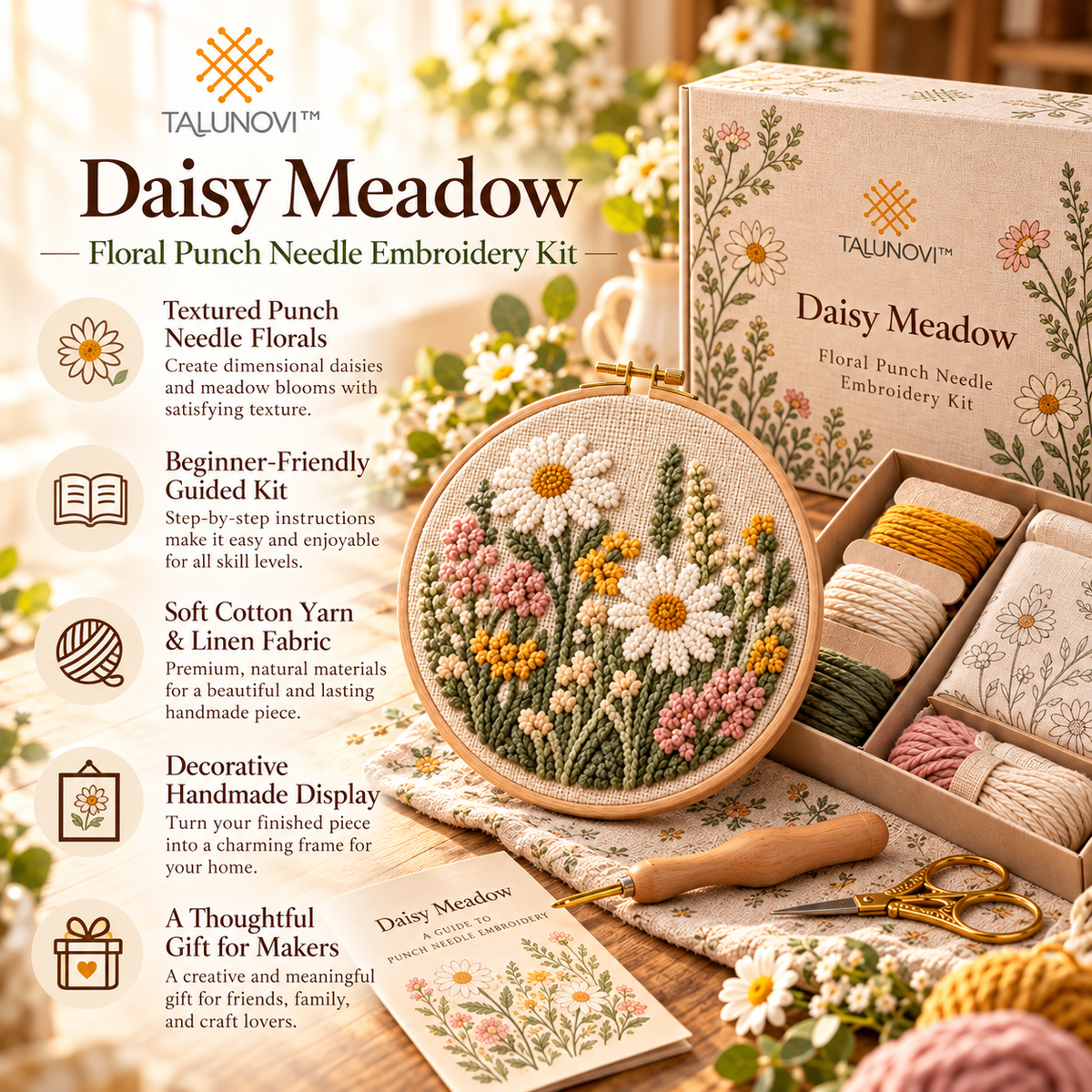 Talunovi™ Daisy Meadow – Contemporary Floral Punch Needle Embroidery Kit, Textured Fiber Art Craft Set with Patterned Fabric & Wooden Hoop
