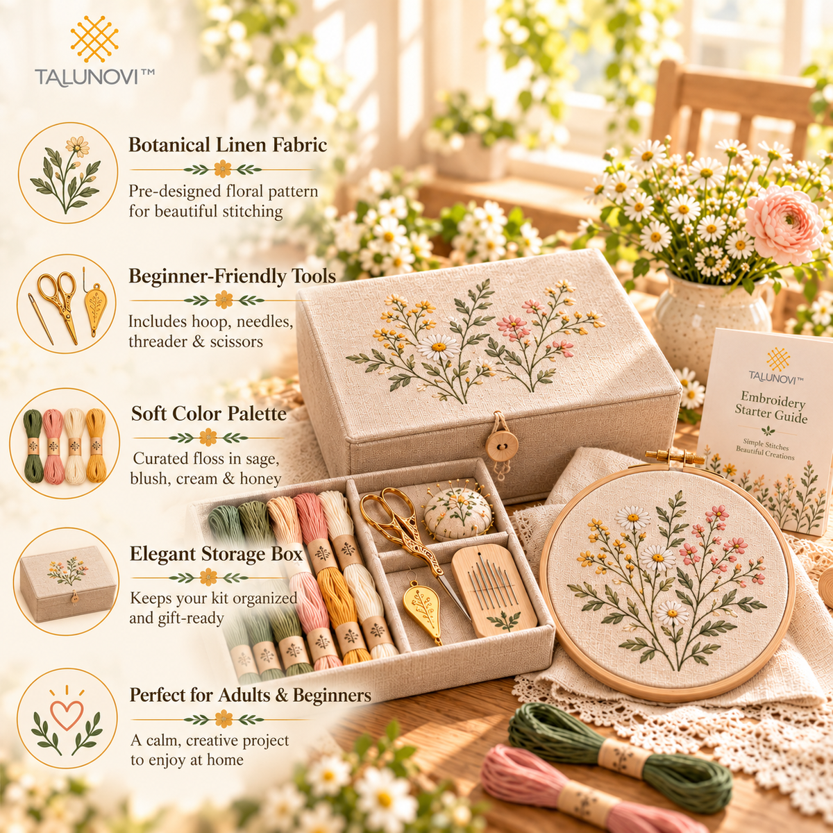Talunovi™ Petal Poetry – Modern Wildflower Embroidery Kit, Elegant DIY Botanical Needlework Set with Pre-Printed Fabric for Adults