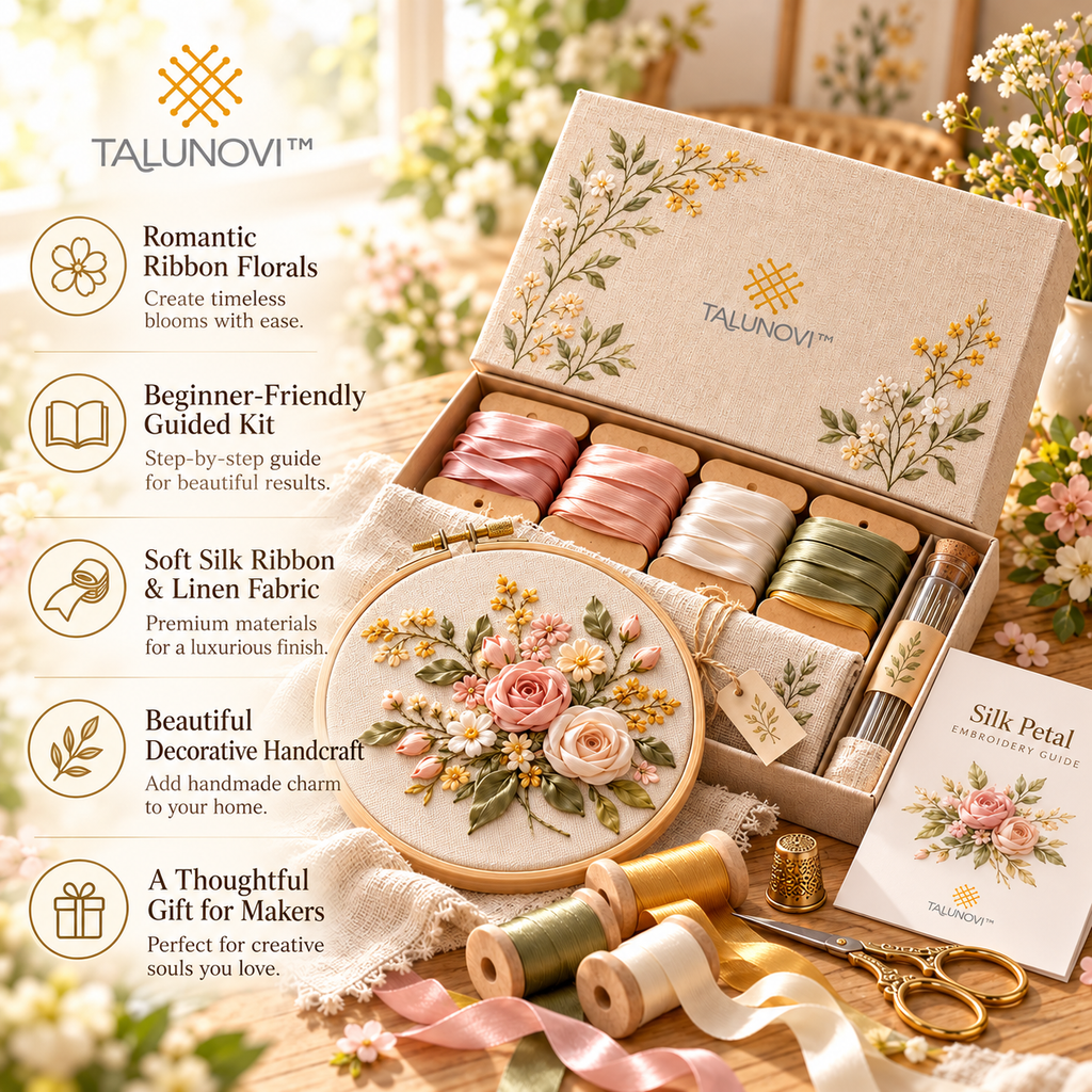 Talunovi™ Silk Petal – Elegant Silk Ribbon Embroidery Kit, Romantic Floral Needlework Craft Set for Decorative Hand Stitching & Textile Art