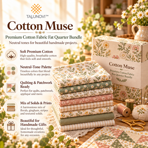 Talunovi™ Cotton Muse – Premium Cotton Fabric Fat Quarter Bundle, Neutral-Tone Quilting & Patchwork Fabric Set for Handmade Sewing Projects