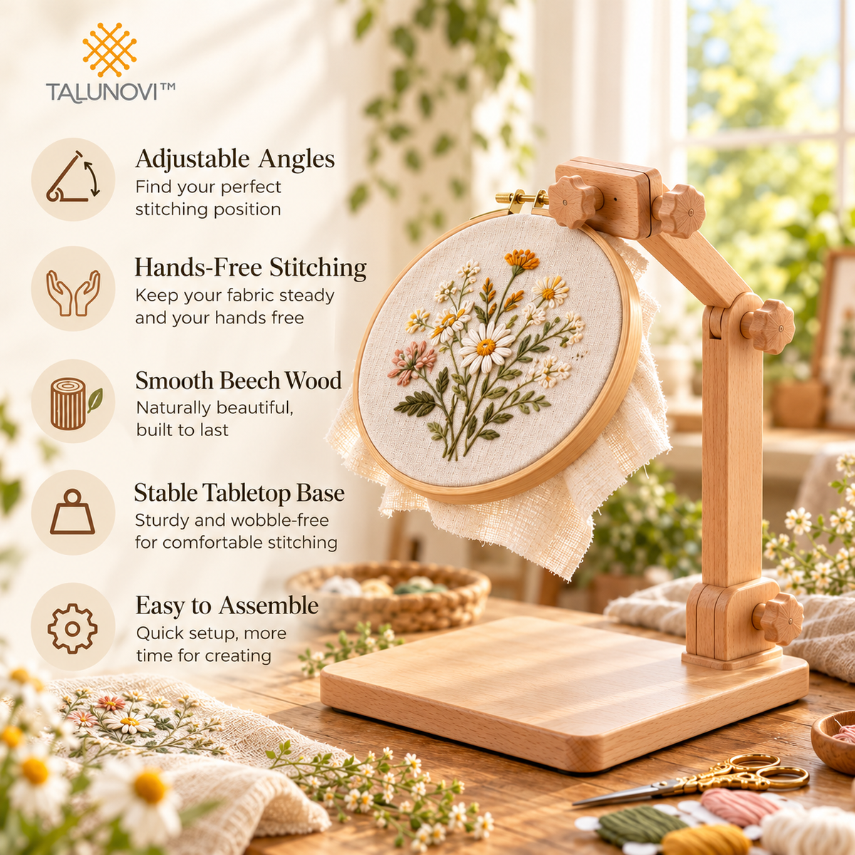 Talunovi™ Willow Frame – Adjustable Beech Wood Embroidery Hoop Stand, Hands-Free Wooden Needlework Holder for Cross Stitch & Hand Embroidery