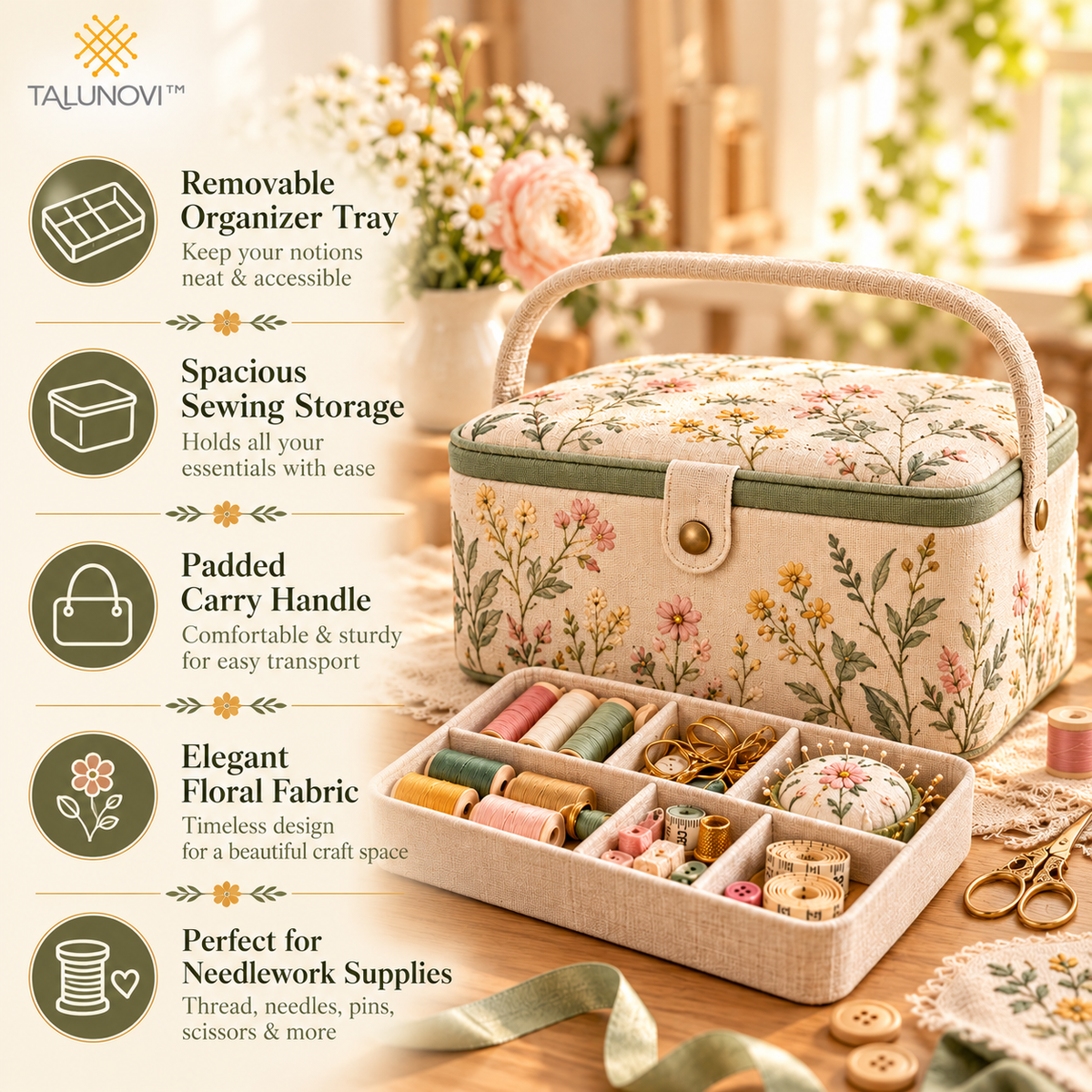 Talunovi™ Stitch Haven – Premium Fabric Sewing Basket with Removable Organizer Tray, Elegant Storage Box for Sewing Notions & Needlework Supplies