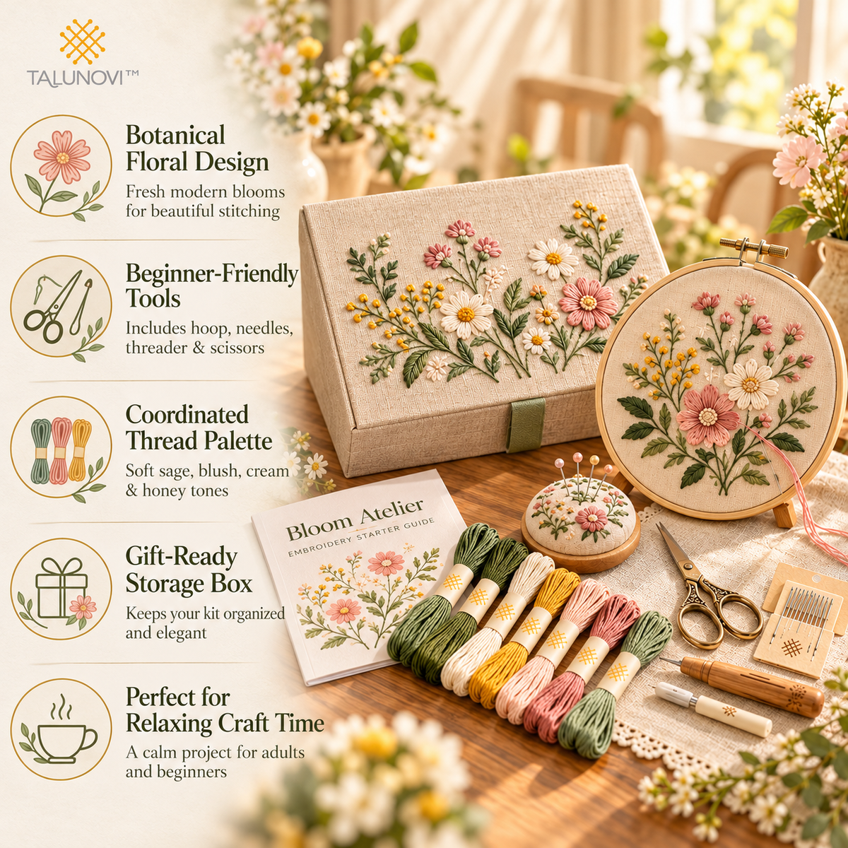 Talunovi™ Bloom Atelier – Premium Floral Embroidery Kit for Beginners, Modern Botanical Hand Stitching Set with Embroidery Hoop & Threads