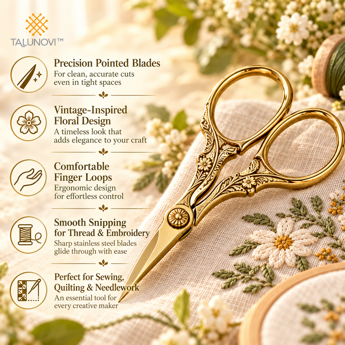 Talunovi™ Golden Shears – Premium Stainless Steel Embroidery Scissors Set, Vintage-Inspired Precision Thread Snips for Sewing, Quilting & Needlework