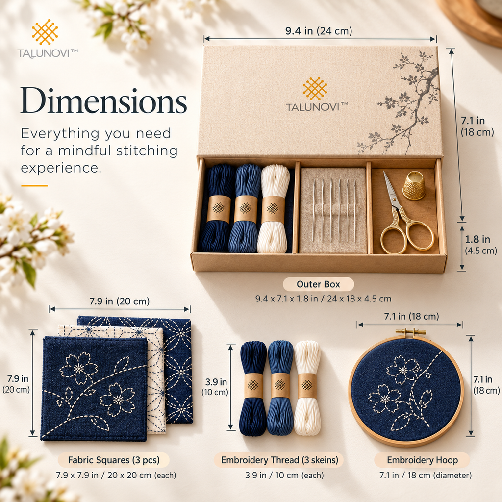 Talunovi™ Quiet Garden – Japanese-Inspired Sashiko Embroidery Kit, Minimalist Visible Mending & Decorative Running Stitch Craft Set for Adults