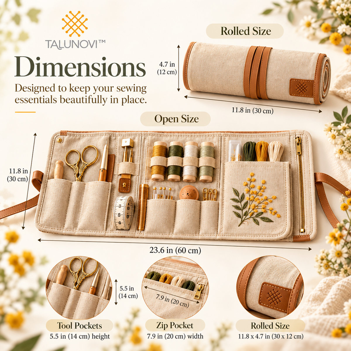 Talunovi™ Artisan Roll – Premium Canvas Sewing Tool Organizer, Foldable Needlework Storage Roll for Embroidery Scissors, Thread & Craft Accessories