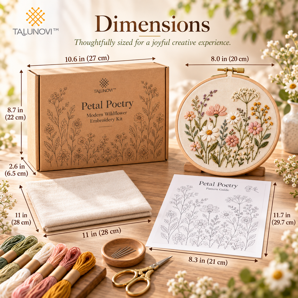 Talunovi™ Petal Poetry – Modern Wildflower Embroidery Kit, Elegant DIY Botanical Needlework Set with Pre-Printed Fabric for Adults