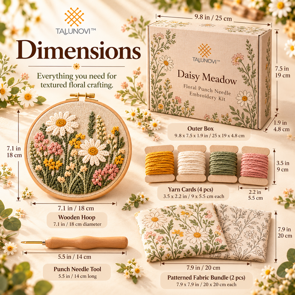 Talunovi™ Daisy Meadow – Contemporary Floral Punch Needle Embroidery Kit, Textured Fiber Art Craft Set with Patterned Fabric & Wooden Hoop