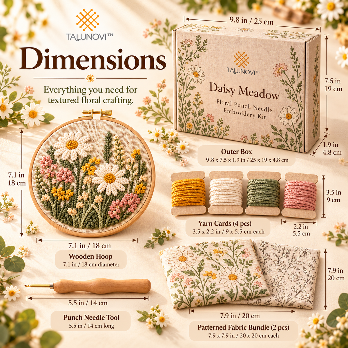 Talunovi™ Daisy Meadow – Contemporary Floral Punch Needle Embroidery Kit, Textured Fiber Art Craft Set with Patterned Fabric & Wooden Hoop