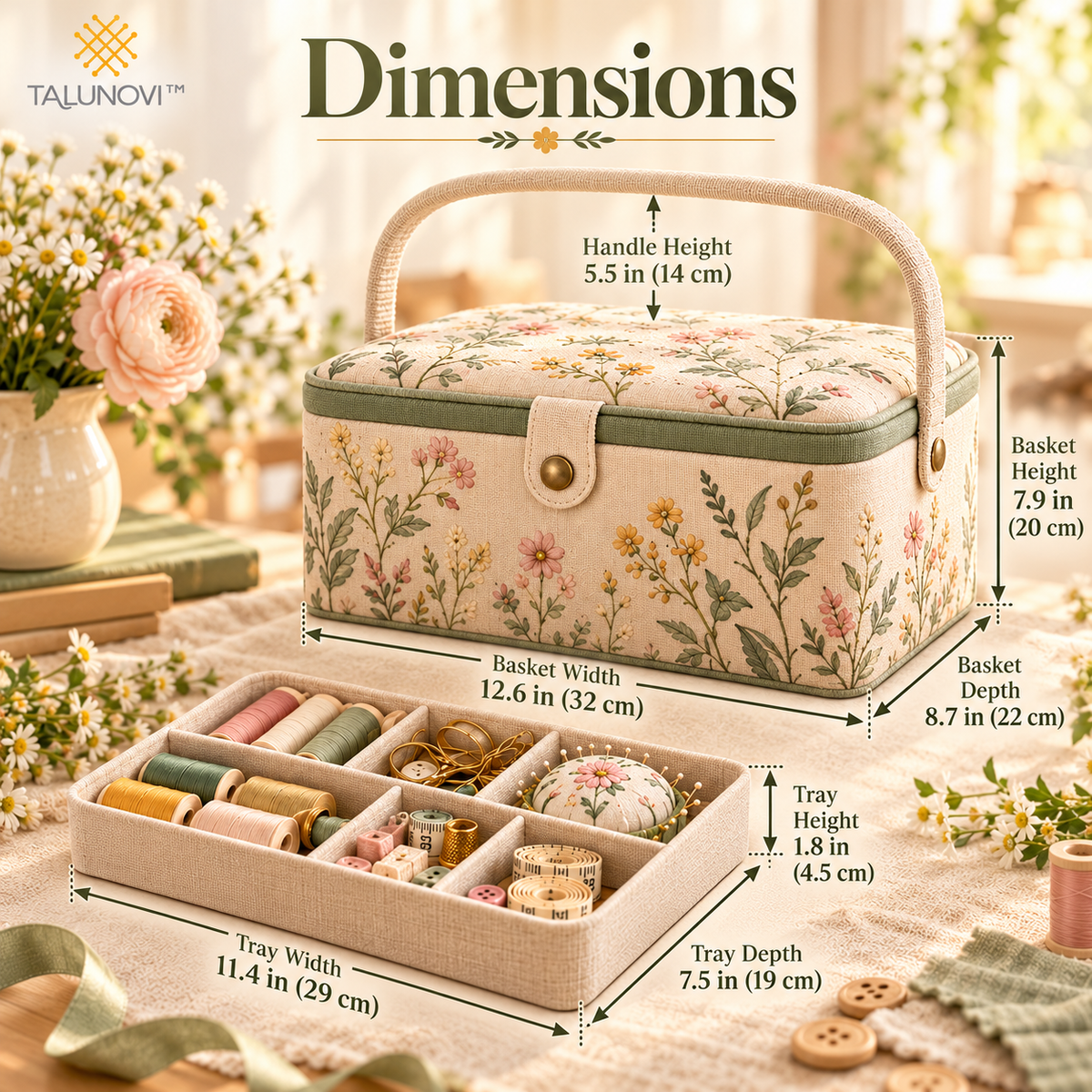 Talunovi™ Stitch Haven – Premium Fabric Sewing Basket with Removable Organizer Tray, Elegant Storage Box for Sewing Notions & Needlework Supplies