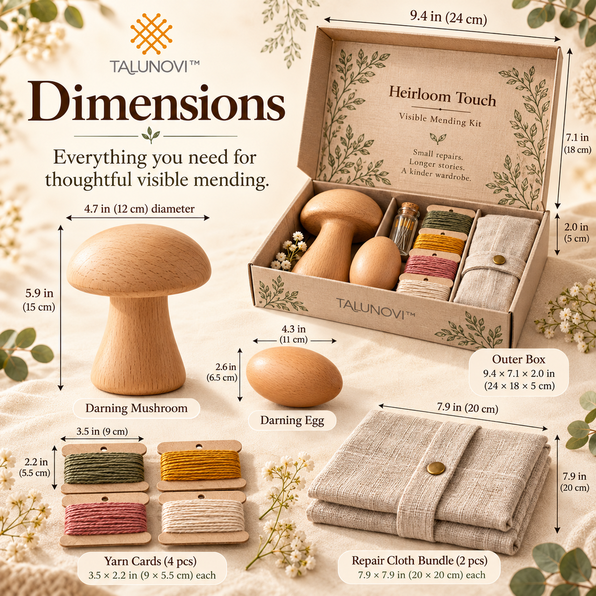 Talunovi™ Heirloom Touch – Premium Wooden Darning Mushroom & Visible Mending Kit, Traditional Hand Repair Tools for Knitwear & Clothing Care