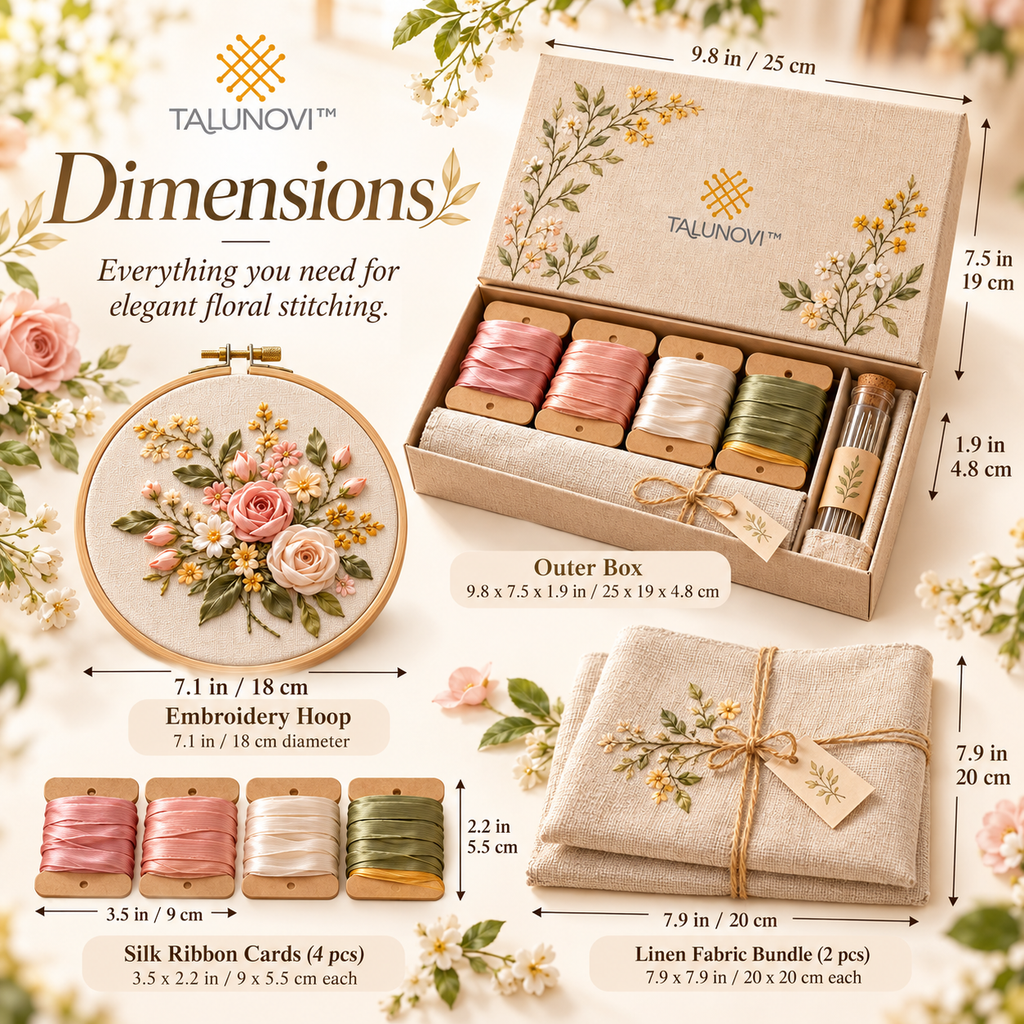 Talunovi™ Silk Petal – Elegant Silk Ribbon Embroidery Kit, Romantic Floral Needlework Craft Set for Decorative Hand Stitching & Textile Art