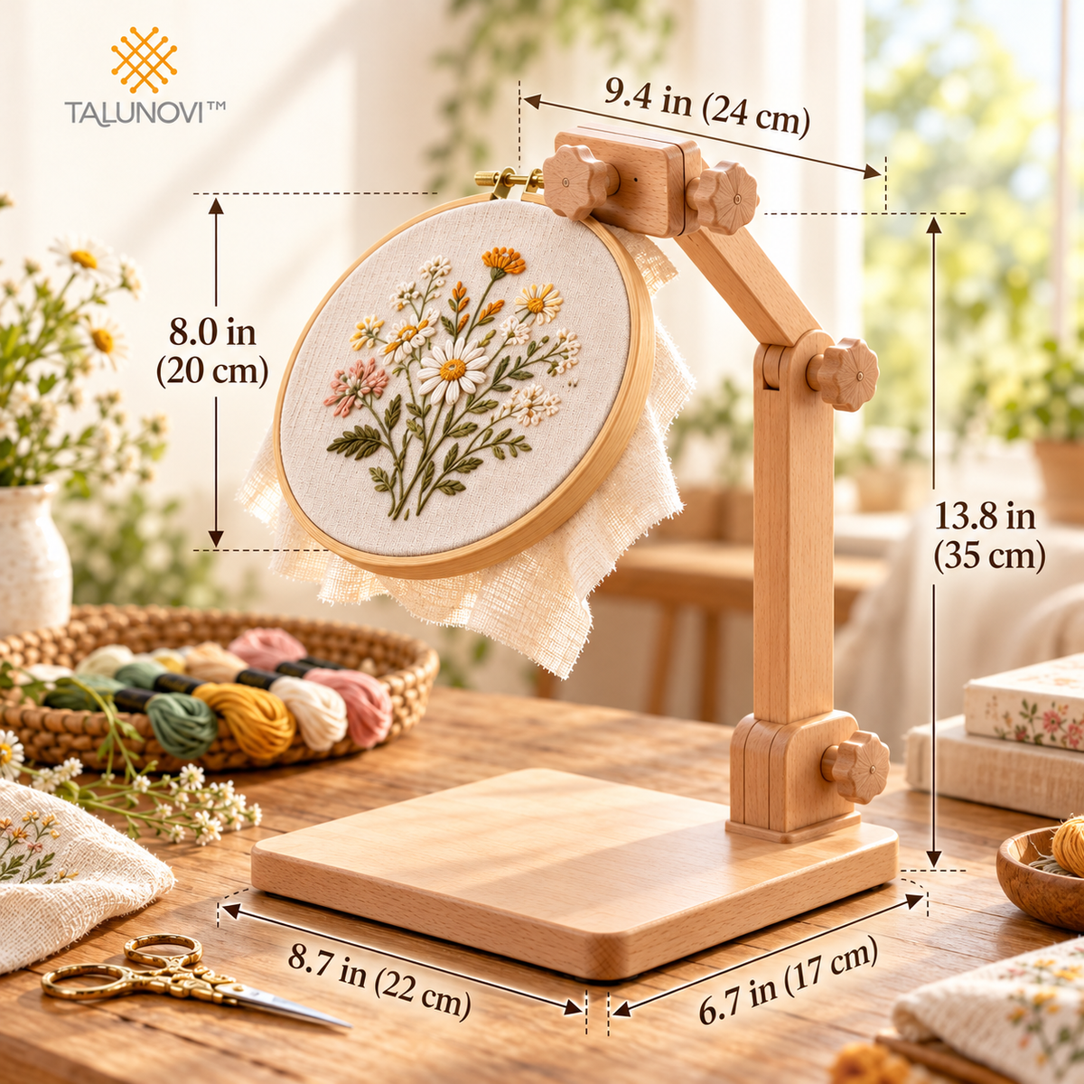 Talunovi™ Willow Frame – Adjustable Beech Wood Embroidery Hoop Stand, Hands-Free Wooden Needlework Holder for Cross Stitch & Hand Embroidery