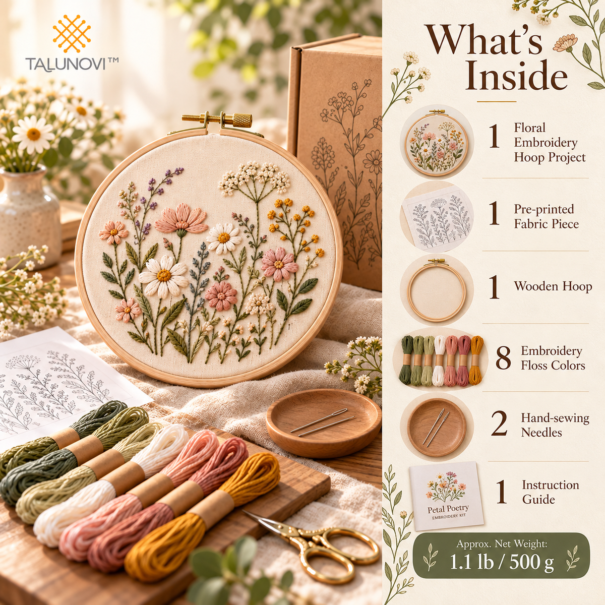 Talunovi™ Petal Poetry – Modern Wildflower Embroidery Kit, Elegant DIY Botanical Needlework Set with Pre-Printed Fabric for Adults