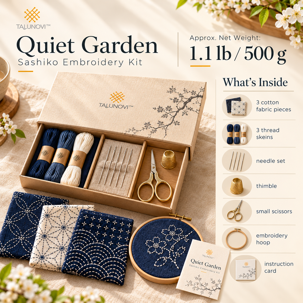 Talunovi™ Quiet Garden – Japanese-Inspired Sashiko Embroidery Kit, Minimalist Visible Mending & Decorative Running Stitch Craft Set for Adults