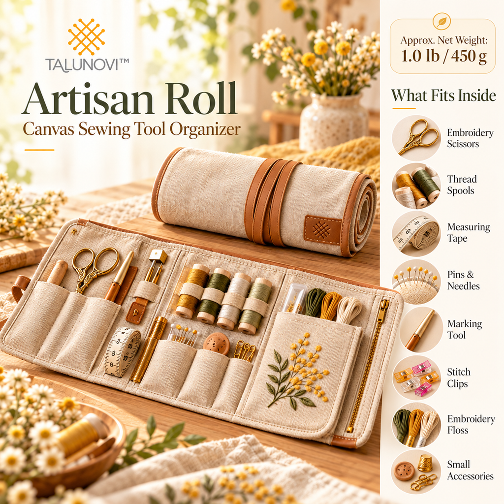 Talunovi™ Artisan Roll – Premium Canvas Sewing Tool Organizer, Foldable Needlework Storage Roll for Embroidery Scissors, Thread & Craft Accessories