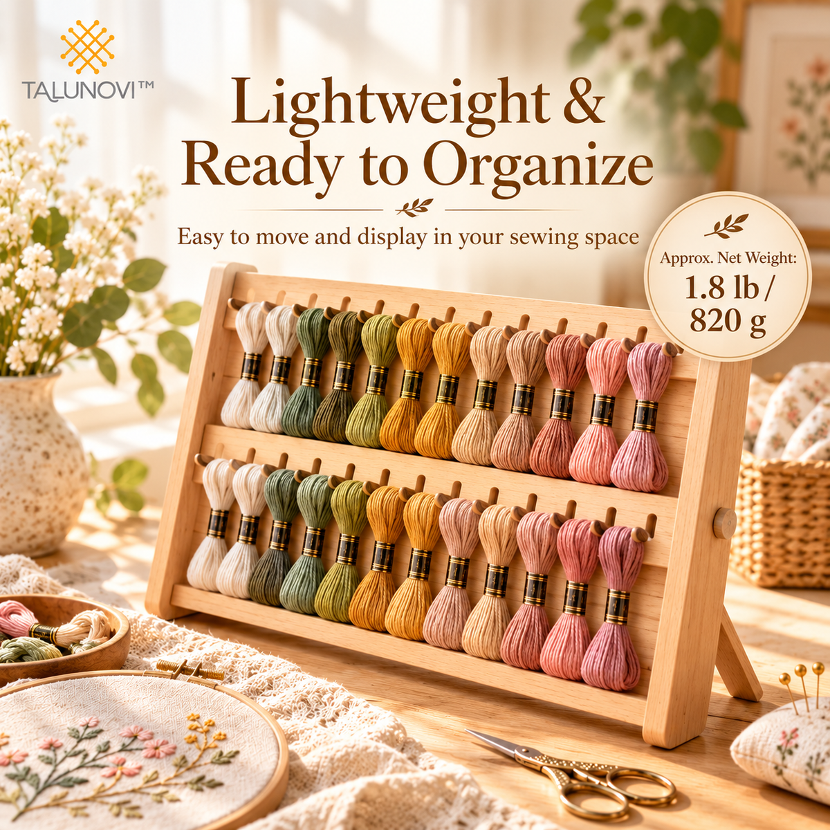Talunovi™ Thread Harmony – Natural Wooden Embroidery Floss Organizer, Minimalist Thread Storage Holder for Cross Stitch & Hand Sewing Projects