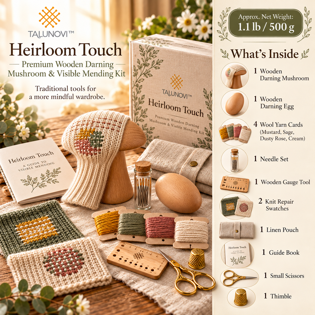 Talunovi™ Heirloom Touch – Premium Wooden Darning Mushroom & Visible Mending Kit, Traditional Hand Repair Tools for Knitwear & Clothing Care