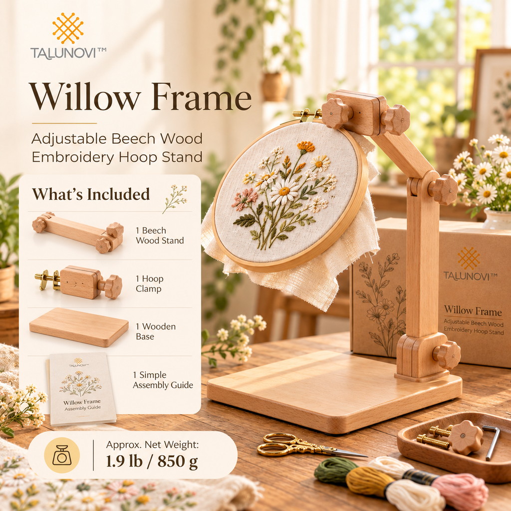 Talunovi™ Willow Frame – Adjustable Beech Wood Embroidery Hoop Stand, Hands-Free Wooden Needlework Holder for Cross Stitch & Hand Embroidery