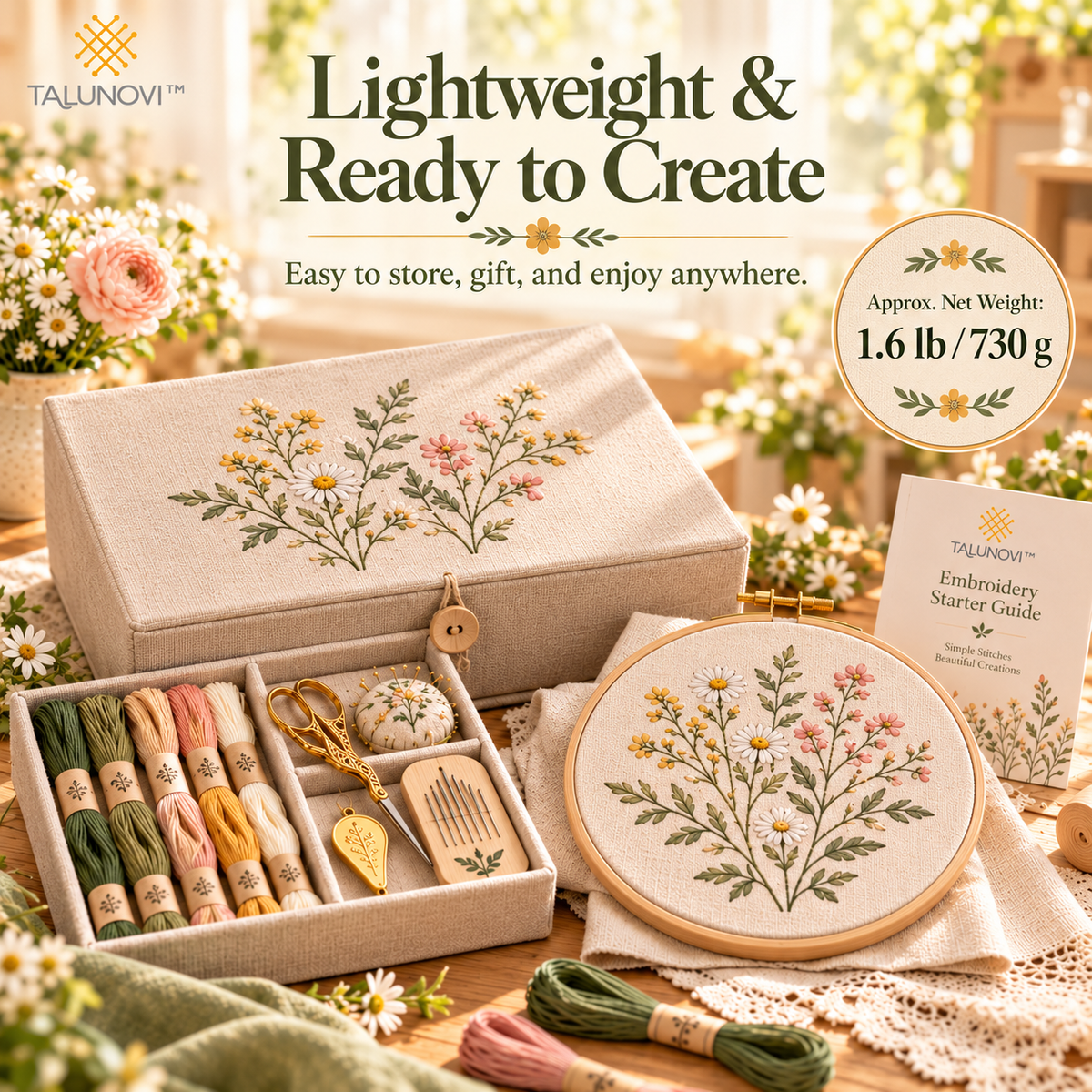 Talunovi™ Linen Whisper – Elegant Linen Embroidery Starter Kit, Minimalist Hand Needlework Craft Set for Adults & Creative Beginners