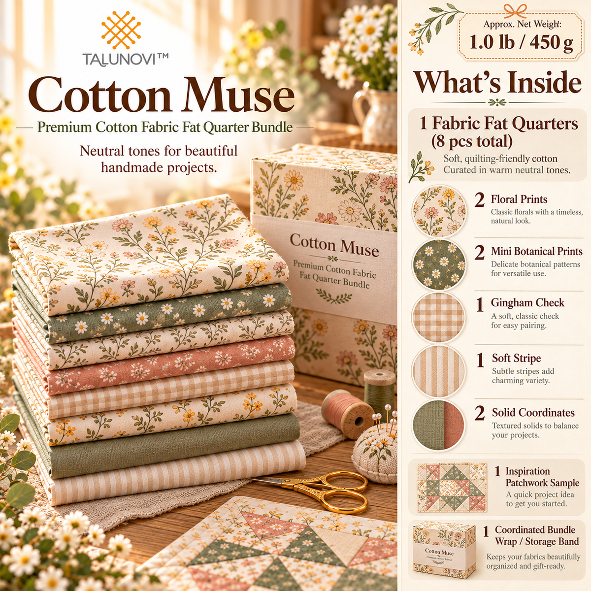 Talunovi™ Cotton Muse – Premium Cotton Fabric Fat Quarter Bundle, Neutral-Tone Quilting & Patchwork Fabric Set for Handmade Sewing Projects