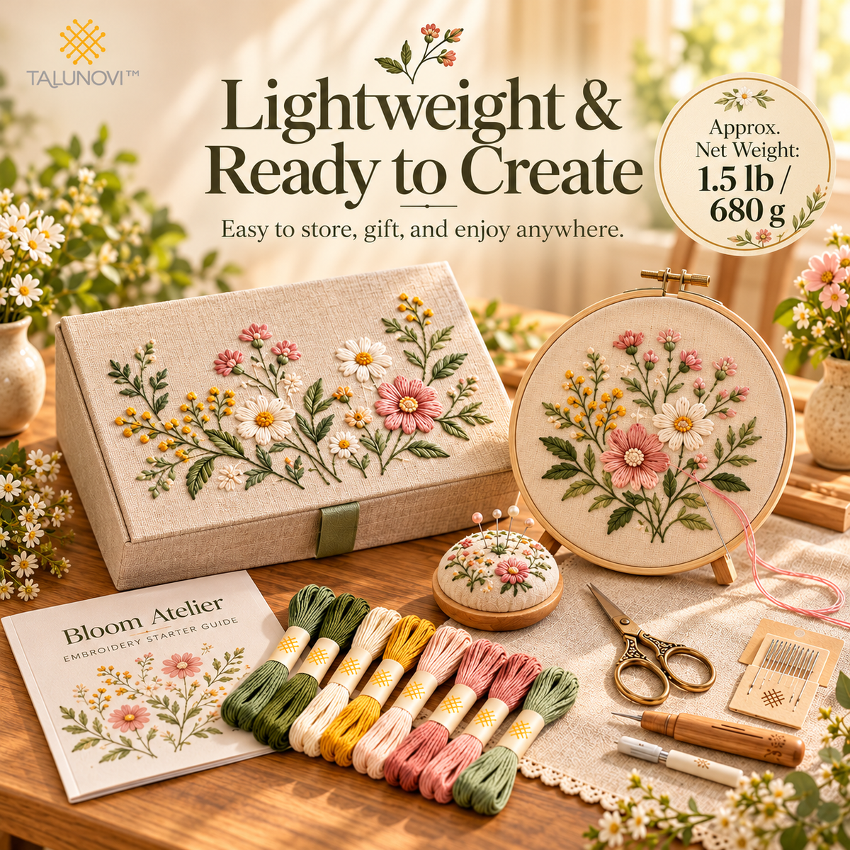 Talunovi™ Bloom Atelier – Premium Floral Embroidery Kit for Beginners, Modern Botanical Hand Stitching Set with Embroidery Hoop & Threads