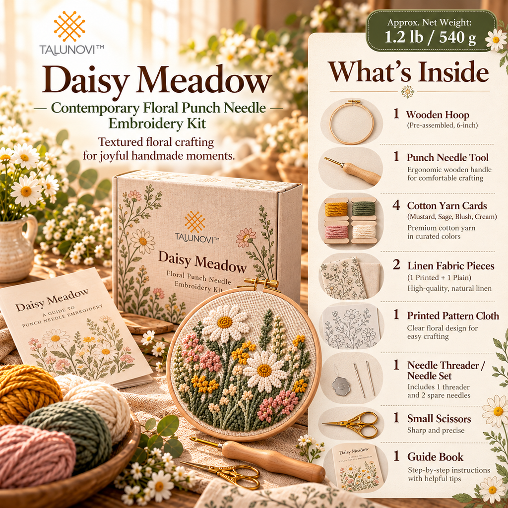 Talunovi™ Daisy Meadow – Contemporary Floral Punch Needle Embroidery Kit, Textured Fiber Art Craft Set with Patterned Fabric & Wooden Hoop