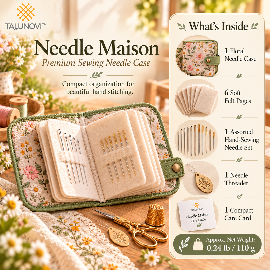 Talunovi™ Needle Maison – Premium Sewing Needle Case with Felt Pages, Compact Fabric Needle Organizer for Embroidery, Quilting & Hand Stitching