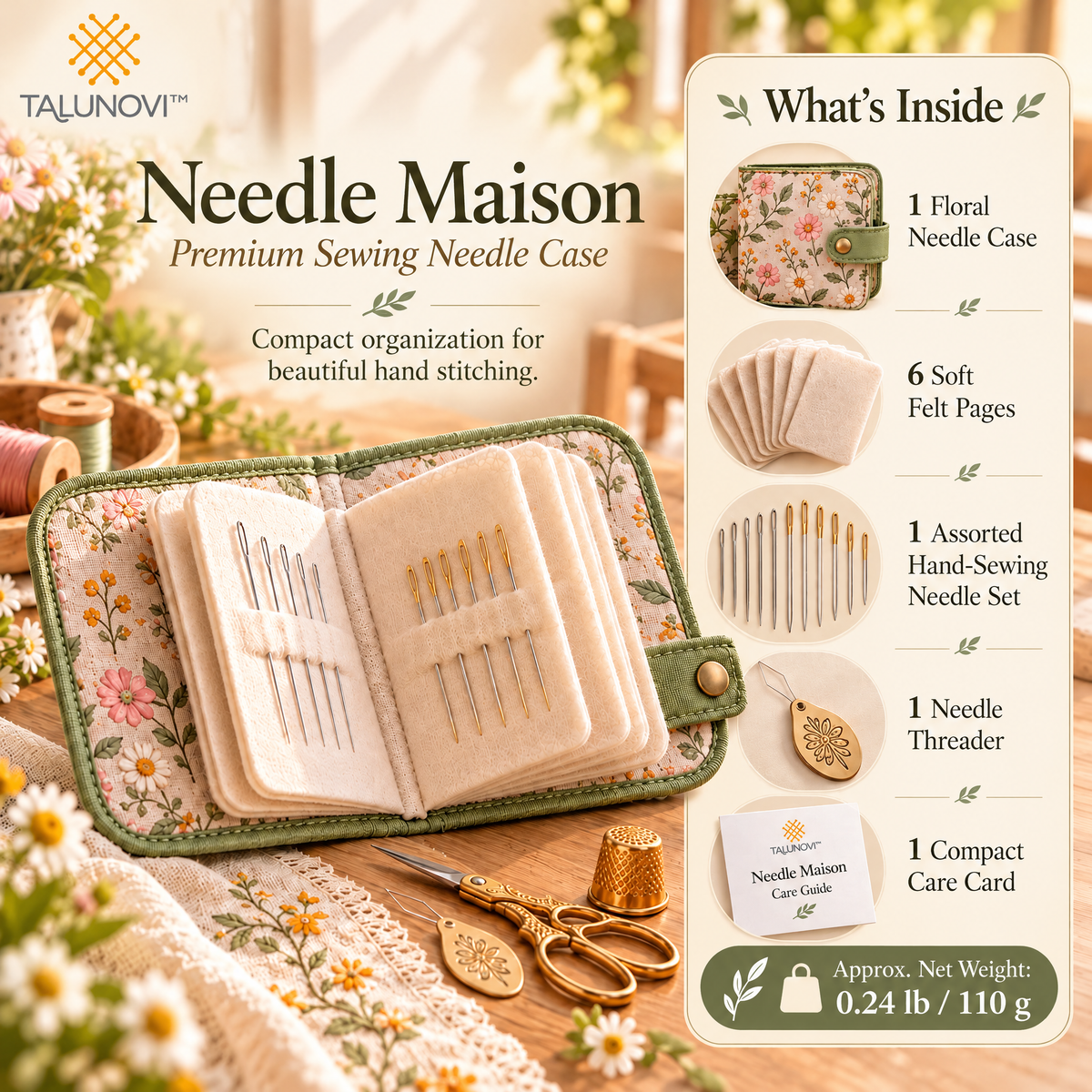 Talunovi™ Needle Maison – Premium Sewing Needle Case with Felt Pages, Compact Fabric Needle Organizer for Embroidery, Quilting & Hand Stitching