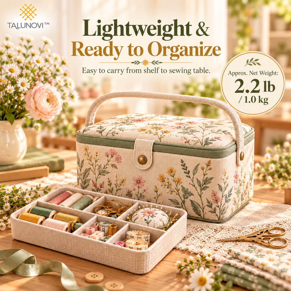 Talunovi™ Stitch Haven – Premium Fabric Sewing Basket with Removable Organizer Tray, Elegant Storage Box for Sewing Notions & Needlework Supplies