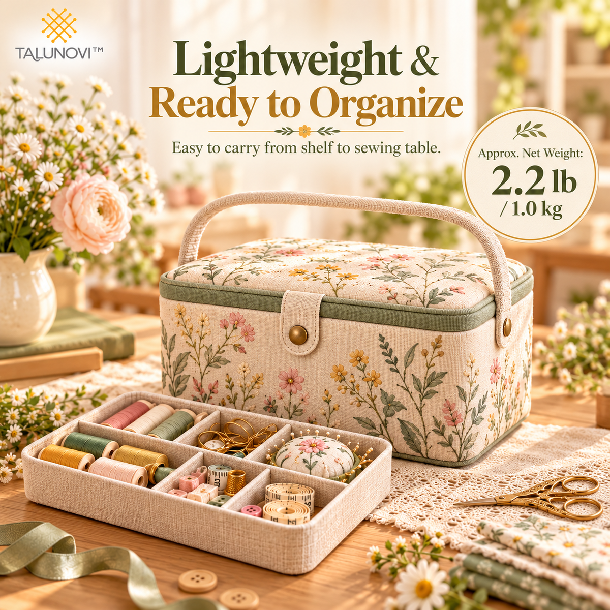 Talunovi™ Stitch Haven – Premium Fabric Sewing Basket with Removable Organizer Tray, Elegant Storage Box for Sewing Notions & Needlework Supplies