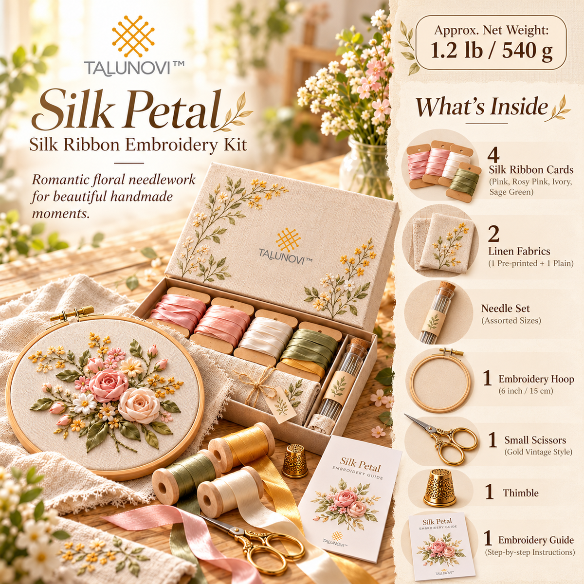Talunovi™ Silk Petal – Elegant Silk Ribbon Embroidery Kit, Romantic Floral Needlework Craft Set for Decorative Hand Stitching & Textile Art