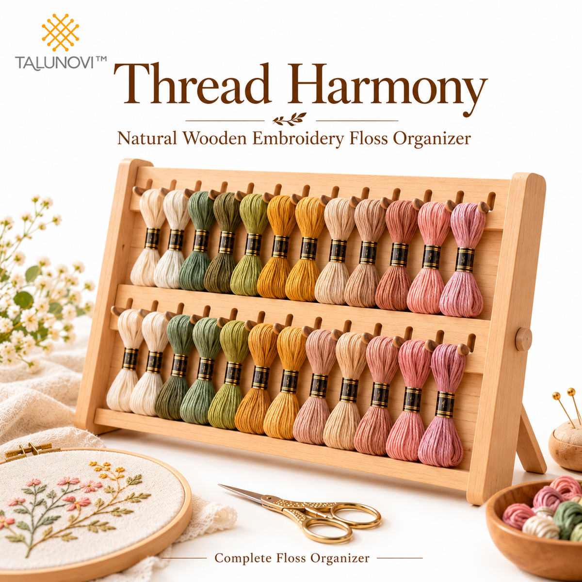 Talunovi™ Thread Harmony – Natural Wooden Embroidery Floss Organizer, Minimalist Thread Storage Holder for Cross Stitch & Hand Sewing Projects