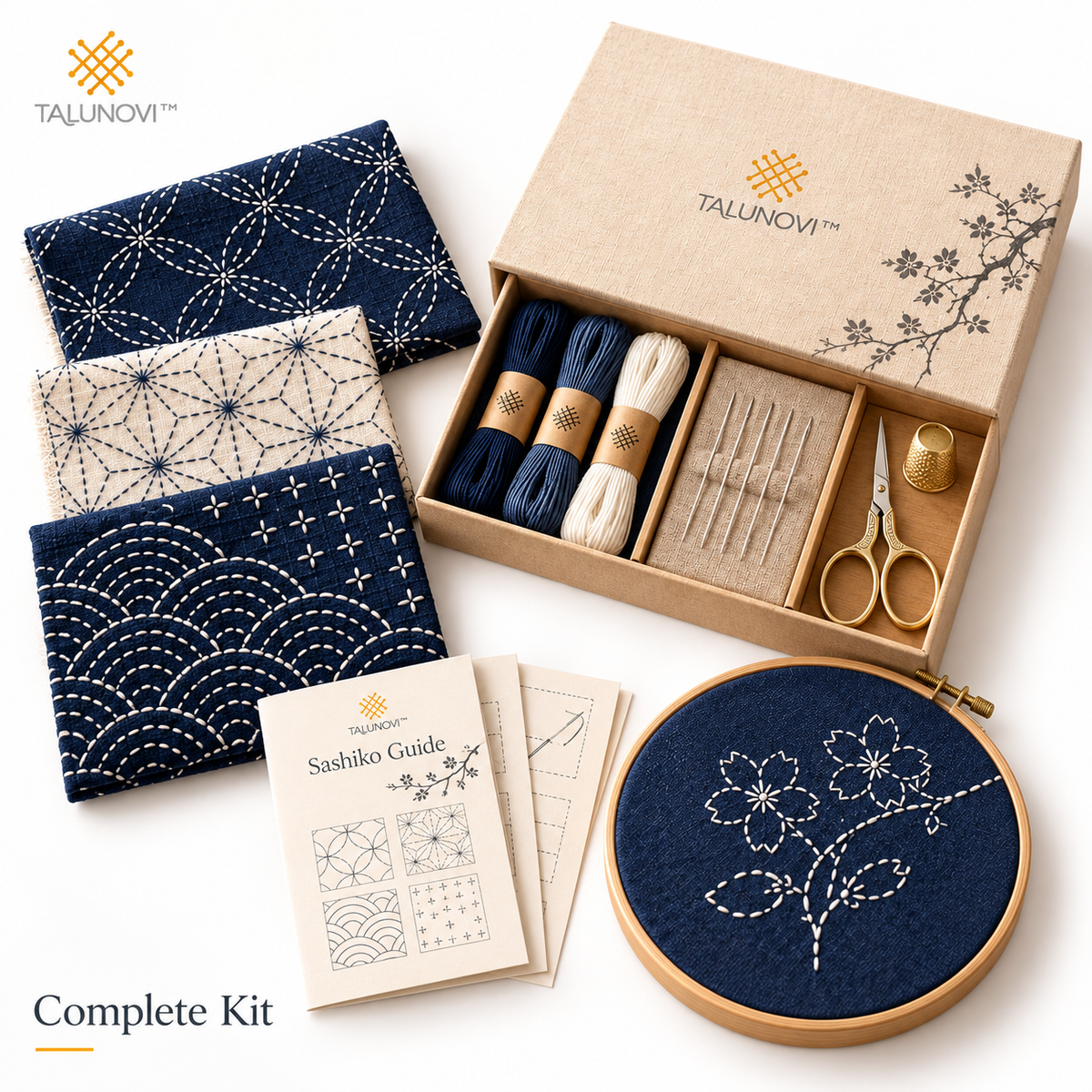 Talunovi™ Quiet Garden – Japanese-Inspired Sashiko Embroidery Kit, Minimalist Visible Mending & Decorative Running Stitch Craft Set for Adults