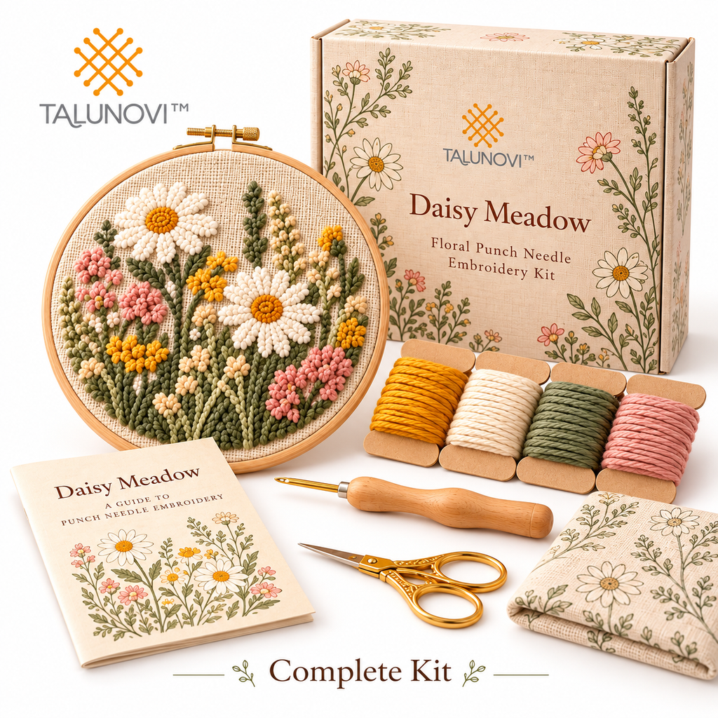Talunovi™ Daisy Meadow – Contemporary Floral Punch Needle Embroidery Kit, Textured Fiber Art Craft Set with Patterned Fabric & Wooden Hoop