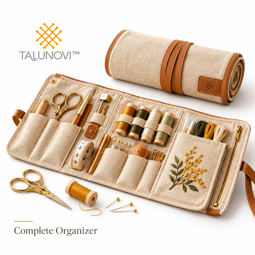 Talunovi™ Artisan Roll – Premium Canvas Sewing Tool Organizer, Foldable Needlework Storage Roll for Embroidery Scissors, Thread & Craft Accessories