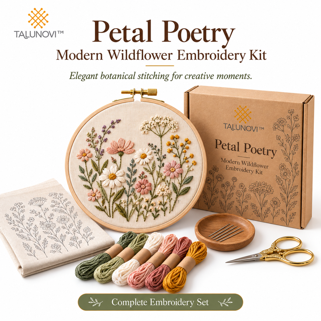 Talunovi™ Petal Poetry – Modern Wildflower Embroidery Kit, Elegant DIY Botanical Needlework Set with Pre-Printed Fabric for Adults