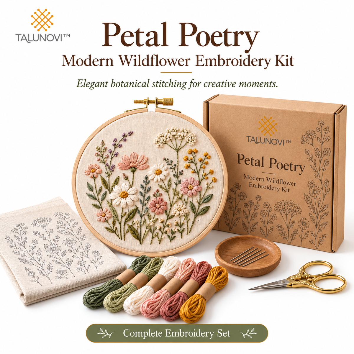 Talunovi™ Petal Poetry – Modern Wildflower Embroidery Kit, Elegant DIY Botanical Needlework Set with Pre-Printed Fabric for Adults